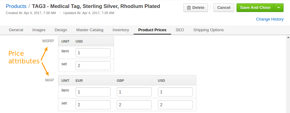 Display the location of the product price attributes