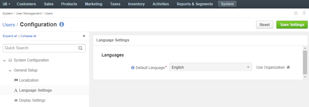 Selecting default languages in the language settings menu on the user level