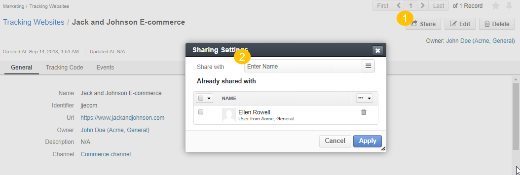 The popup of sharing settings