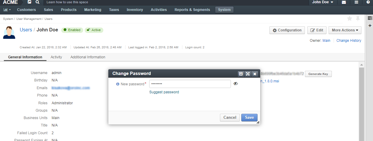 The change password popup dialog