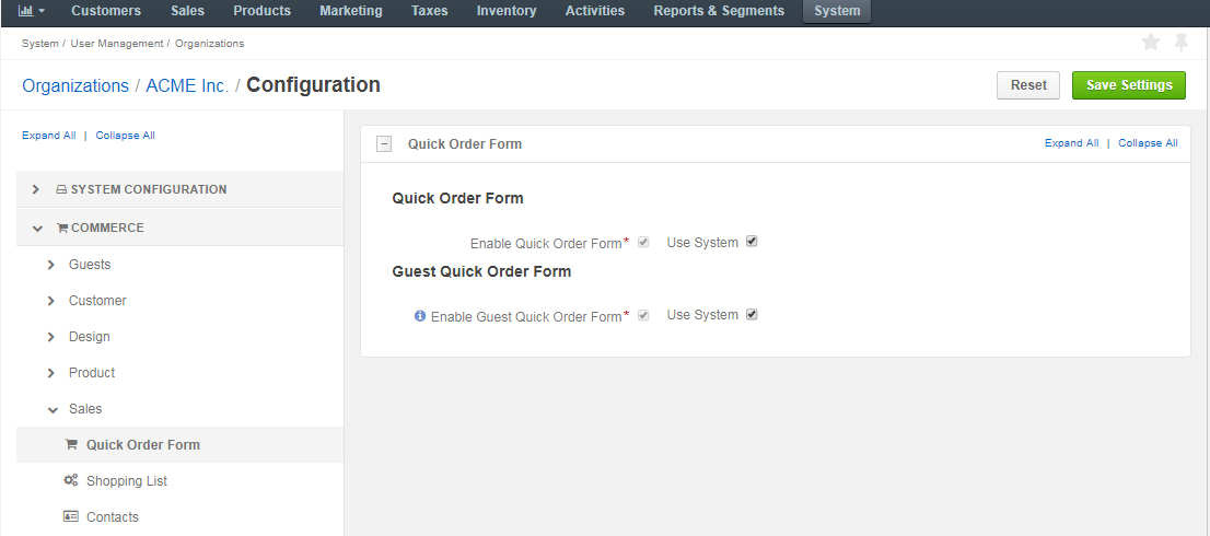 Configure quick order form per organization