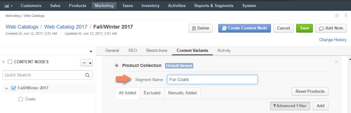 Enter the segment name for the product collection in the provided field