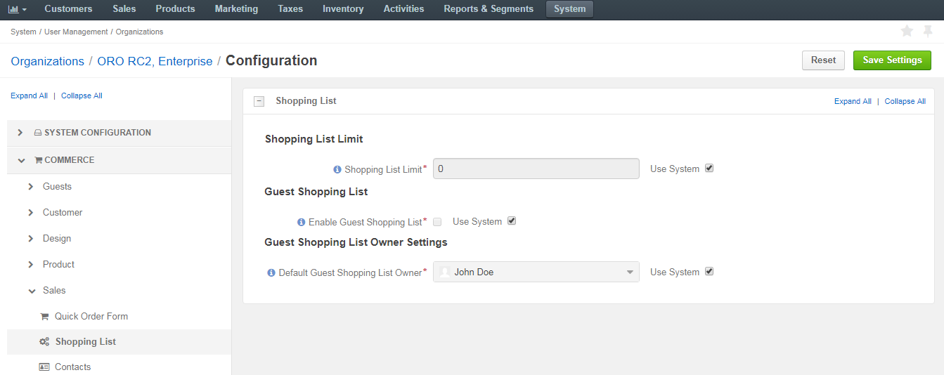 Shopping list configuration per organization