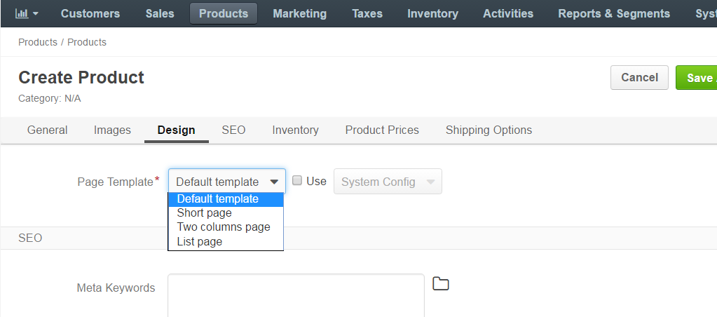 The list of available page templates in the dropdown of the Page Template field