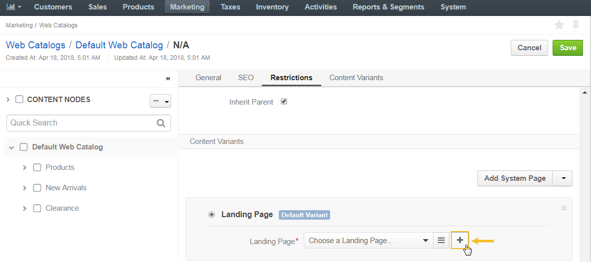 Create a new landing page from the web catalog page