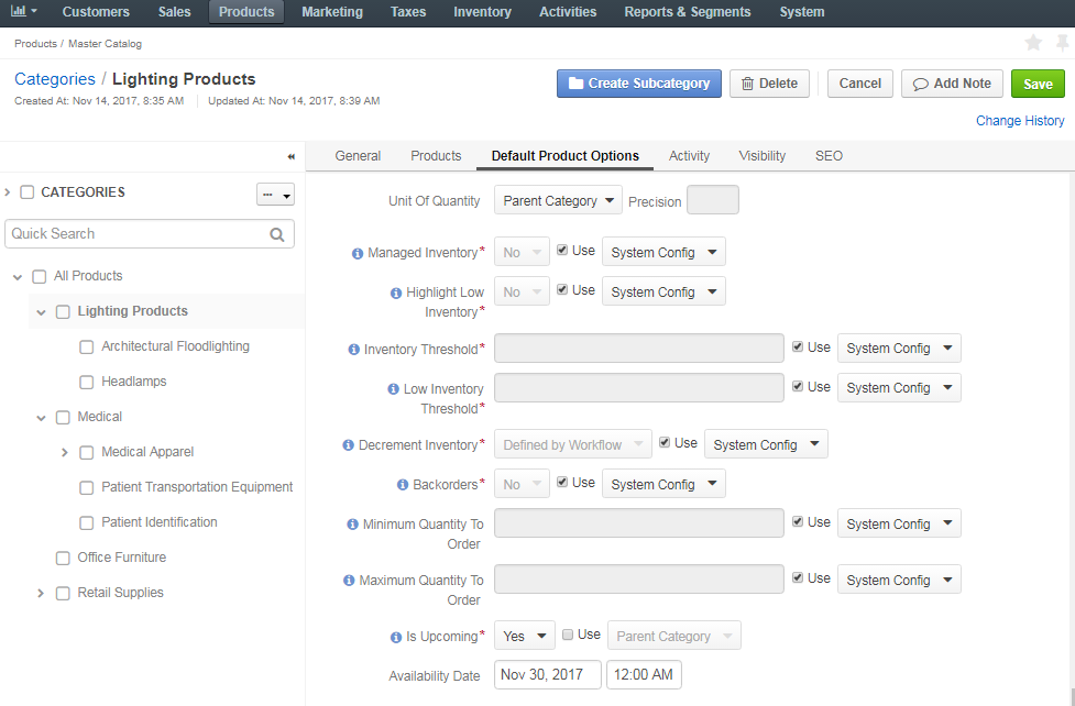 The default product options details page