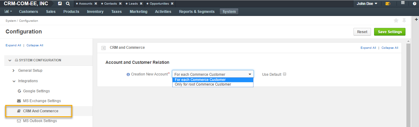 System configuration settings for CRM and Commerce