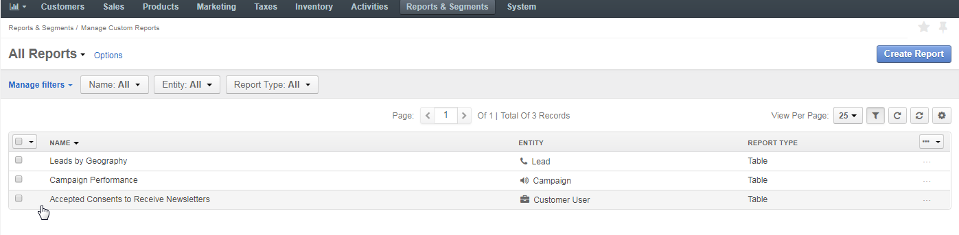 The table of all reports with the newly created report with accepted consents