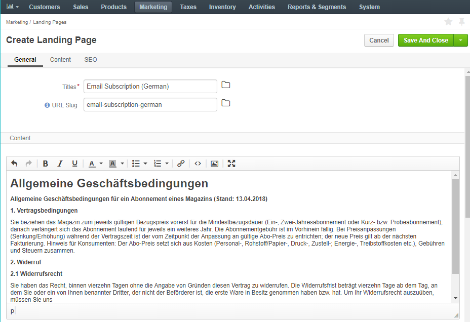 A sample of the consent landing page with the title and text of the consent in German