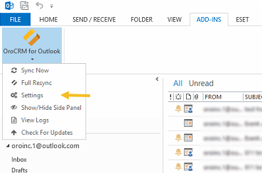 The settings button displayed in the orocrm for outlook menu under the add-ins tab