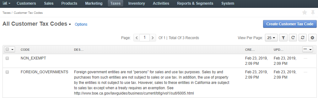 The general page of all customer tax codes