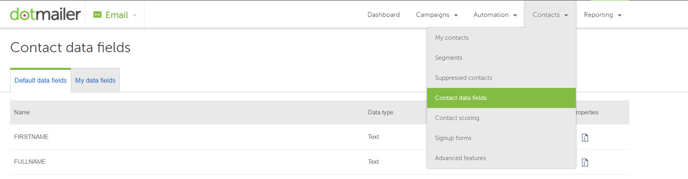 Navigate to Contact Data fields under the Contacts main menu in the dotmailer side