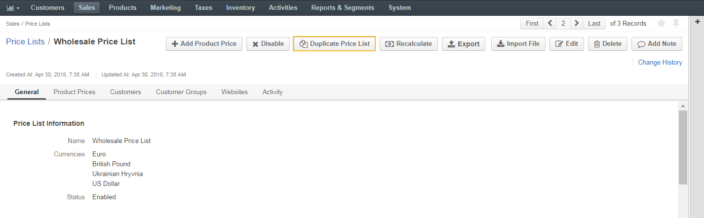 Duplicate price list button on the price list details page