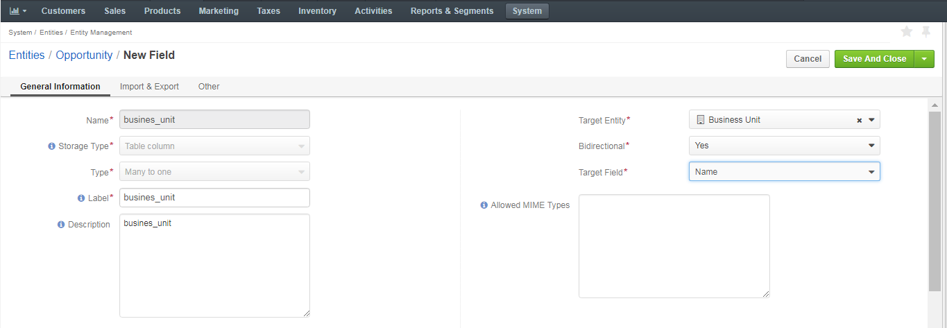 Settings available in the general information section when creating a new field for an entity