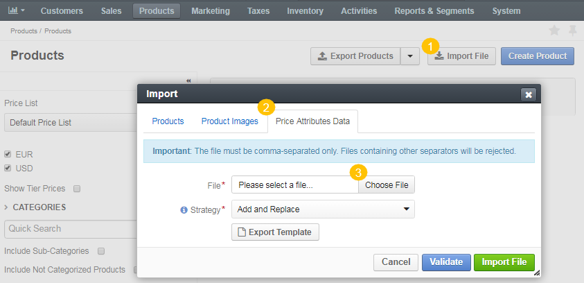 The steps that are necessary to perform to import the product price attributes successfully