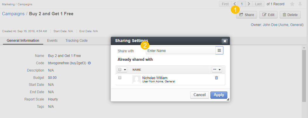 The sharing settings popup of a marketing campaign
