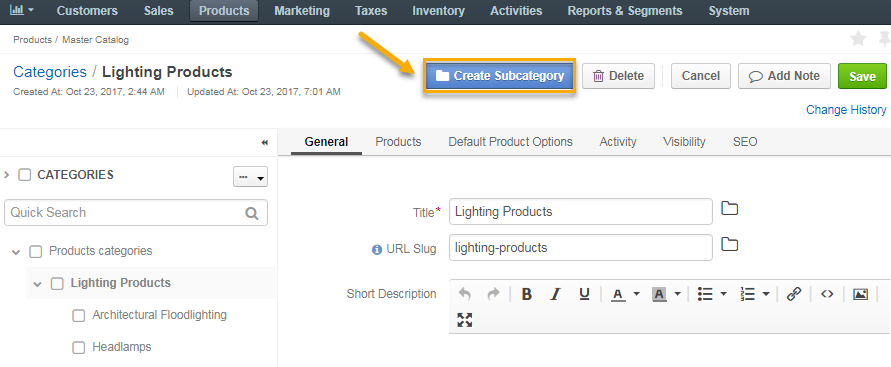 Click create subcategory
