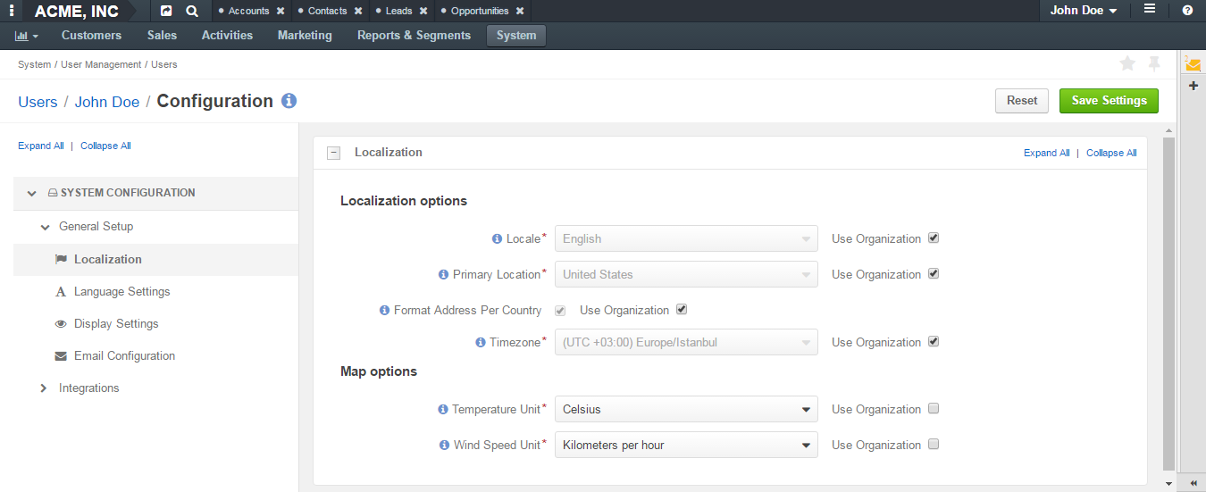 Localization options available on the user level