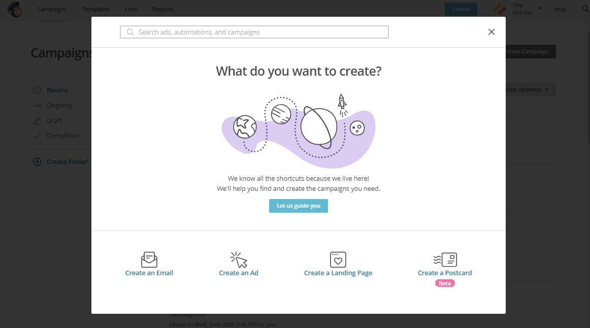 The popup dialog in MailChimp displaying the button to create a new email