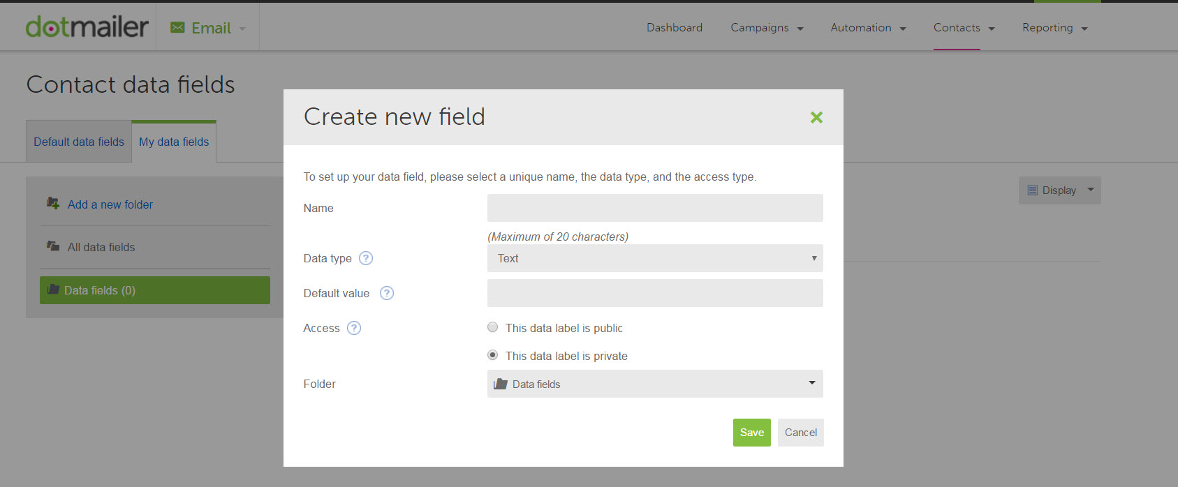Create a new data field in the dialog box