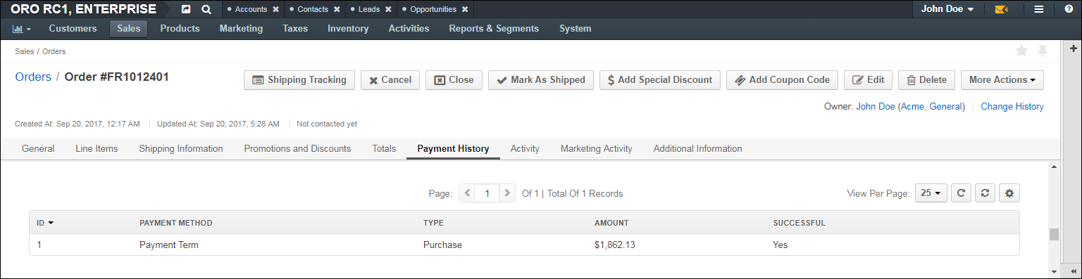 The Payment History section of the order details page