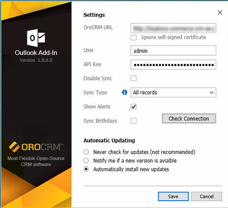 General outlook add-in settings available when configuring the integration between applications