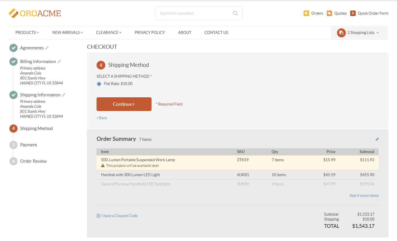 The shipping method step at the checkout (with consents)