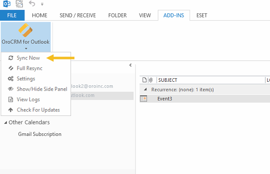 The sync now button displayed in the orocrm for outlook settings menu