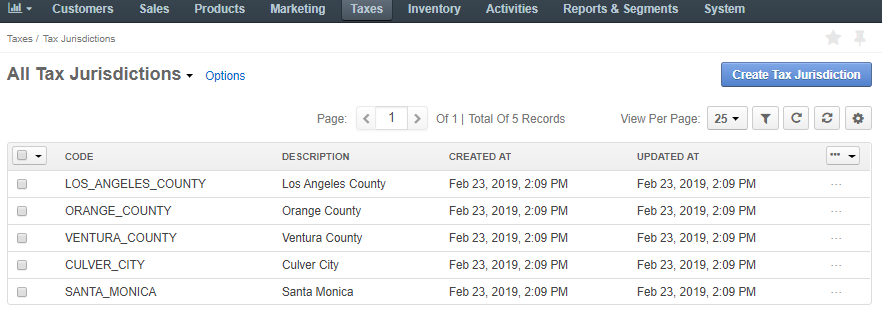 The page of all tax available tax jurisdictions