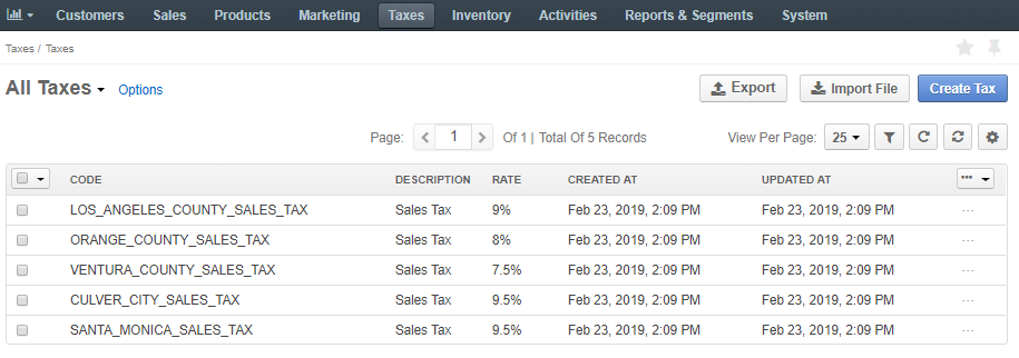 The page of all available tax rates