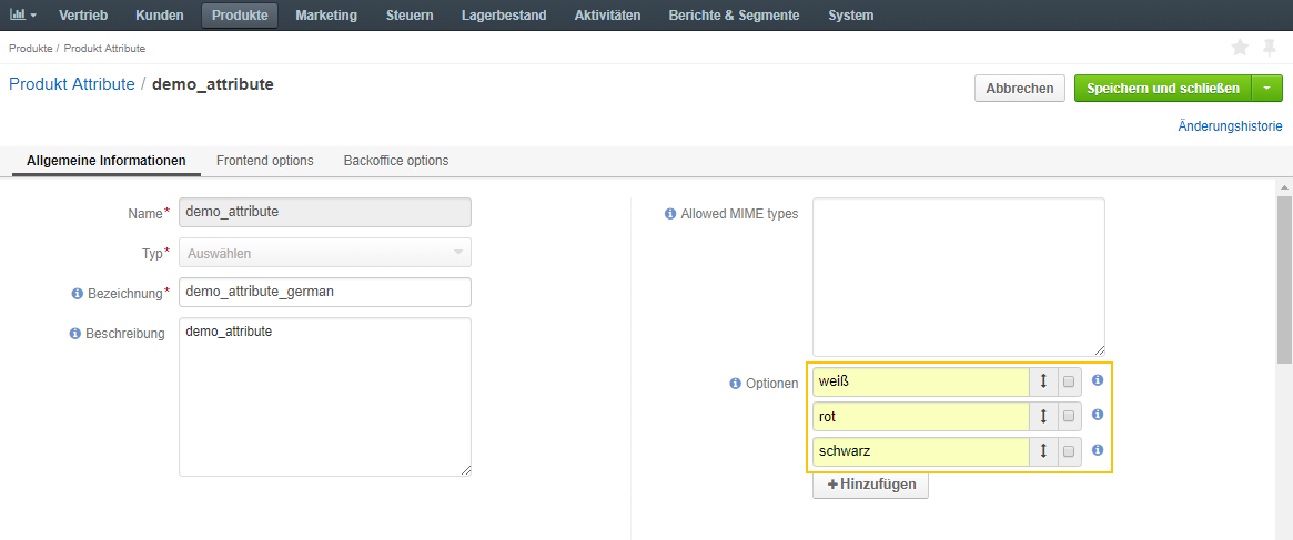 Translating the attribute options to German