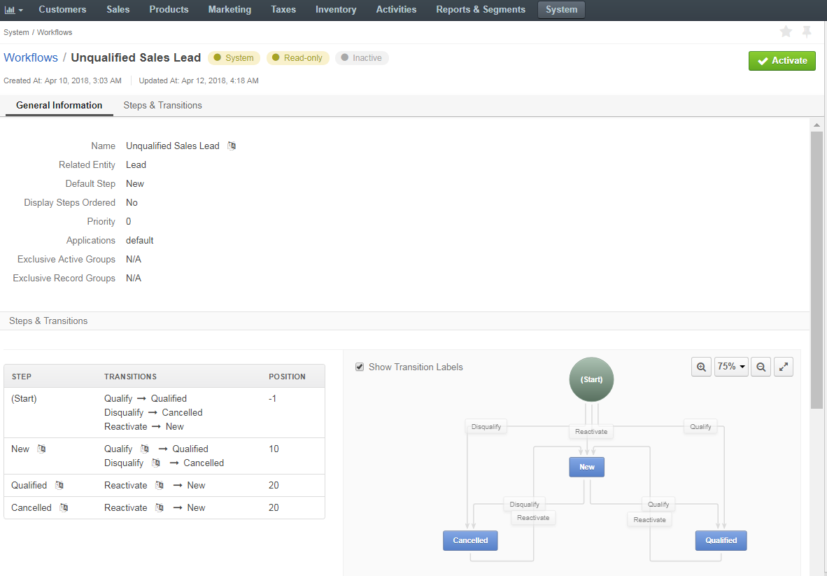 Unqualified sales lead workflow screen under system > workflows in the main menu