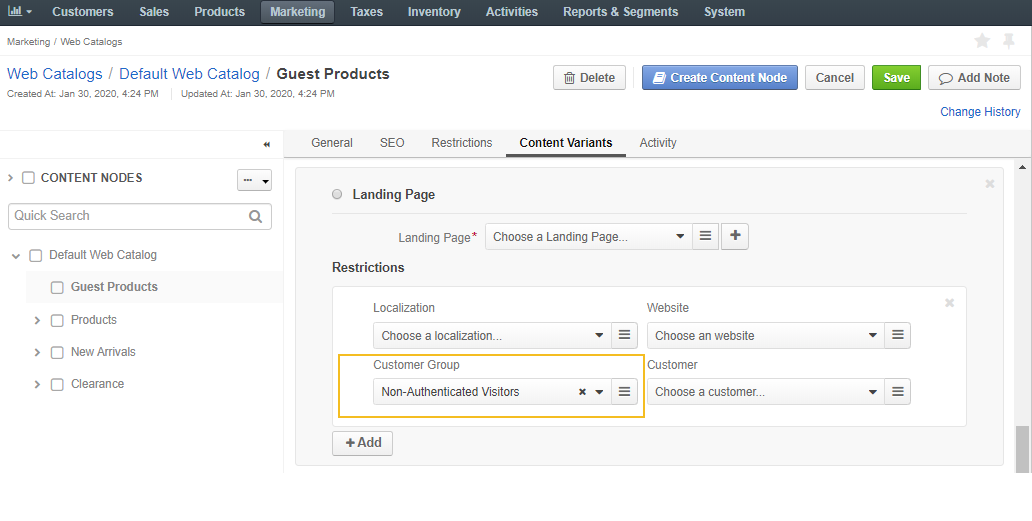 Configure web catalog node visibility for guest customers