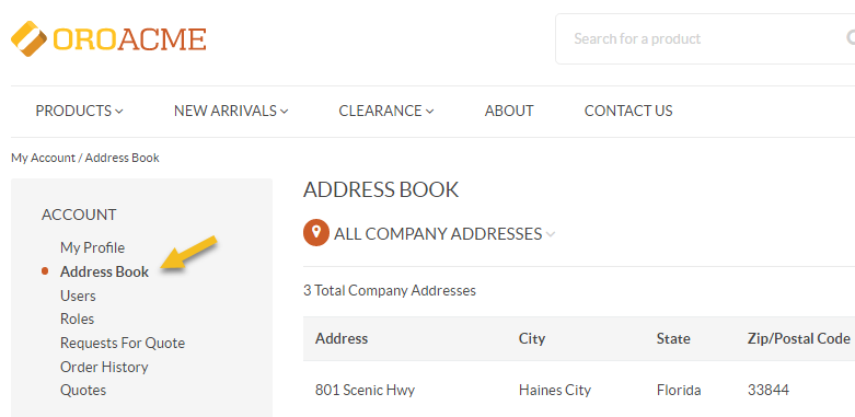 A sample of the Address Book menu in the storefront if the default theme is enabled