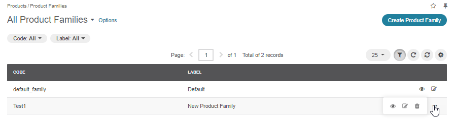 The actions available for product families from their general page