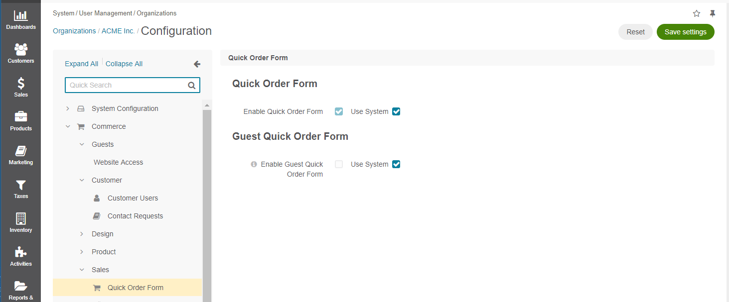 Configure quick order form per organization