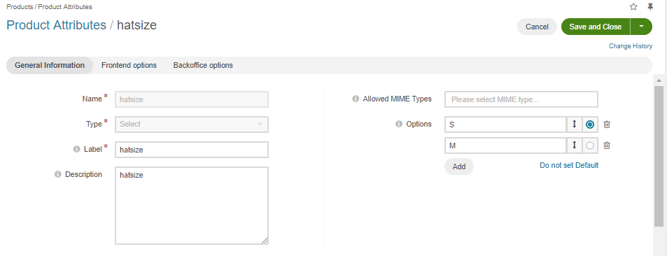 Create the HatSize product attribute with the s and m options