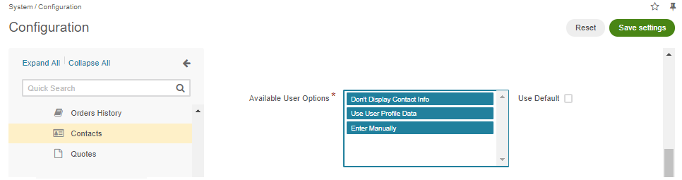 Selecting all options in the Available User Options section in the system configuration