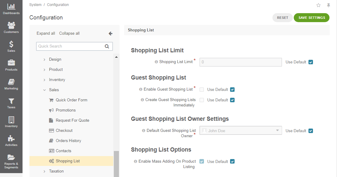 Global shopping list configuration settings