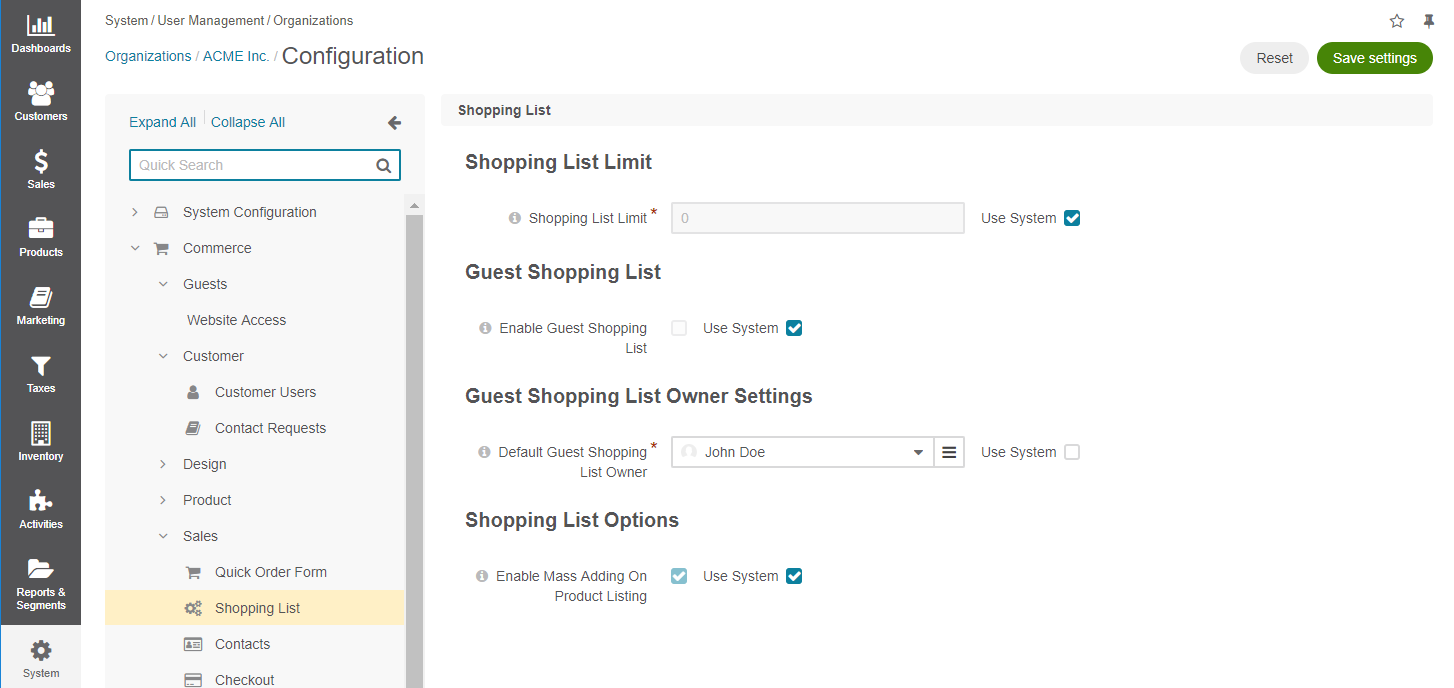 Shopping list configuration per organization