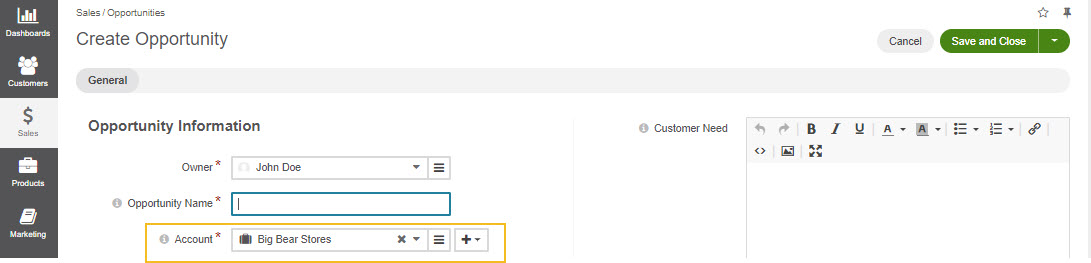 Account field predefined with account info