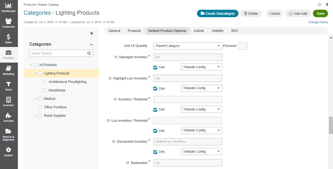 The default product options details page