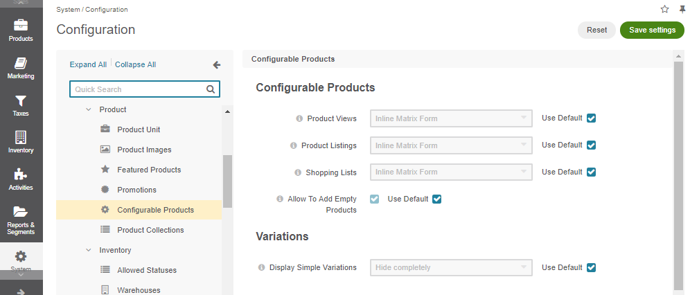 Global configurable product settings