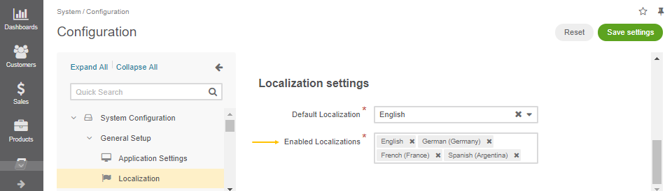 Add the necessary localizations to the list of enabled localizations
