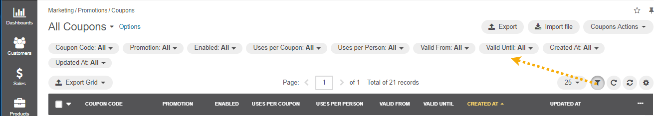 Coupon filters in the grid