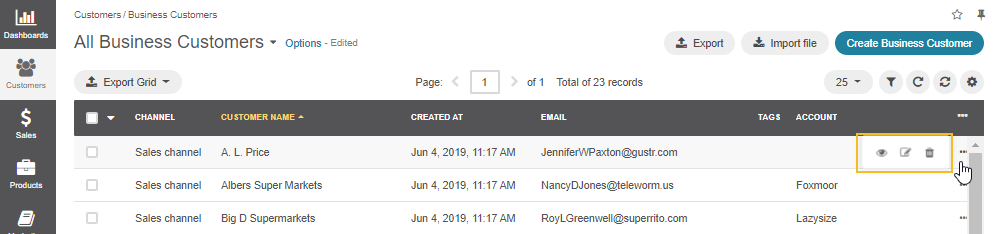 The actions available for the business customer from the grid, such as view, edit and delete.