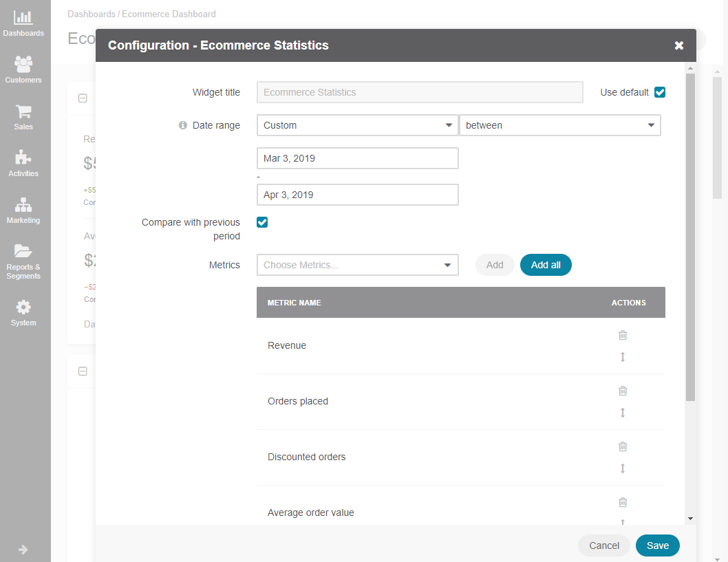 Configuring the Ecommerce Statistics widget