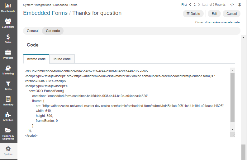 A sample iframe code for the Thanks for question form
