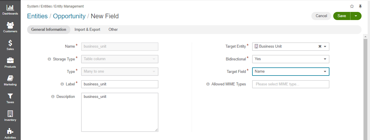 Settings available in the general information section when creating a new field for an entity
