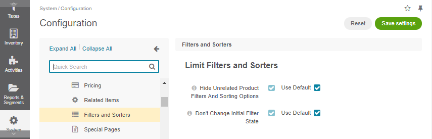 Filters and Sorters global configuration settings